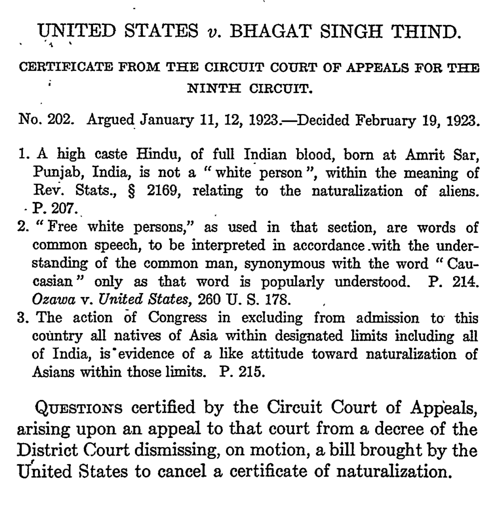 Beginning of the SCOTUS Bhagat Singh Thind Decision